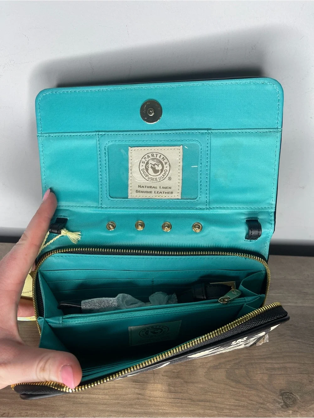 Spartina 449 snap wallet large floral linen leather black new